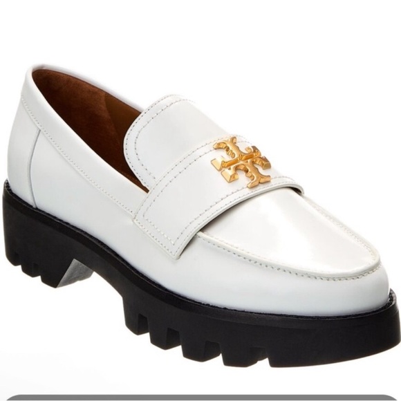TORY BURCH WHITE CHUNKY LOSFEE W GOLD TONE LOGO! Size 10 - Picture 1 of 6